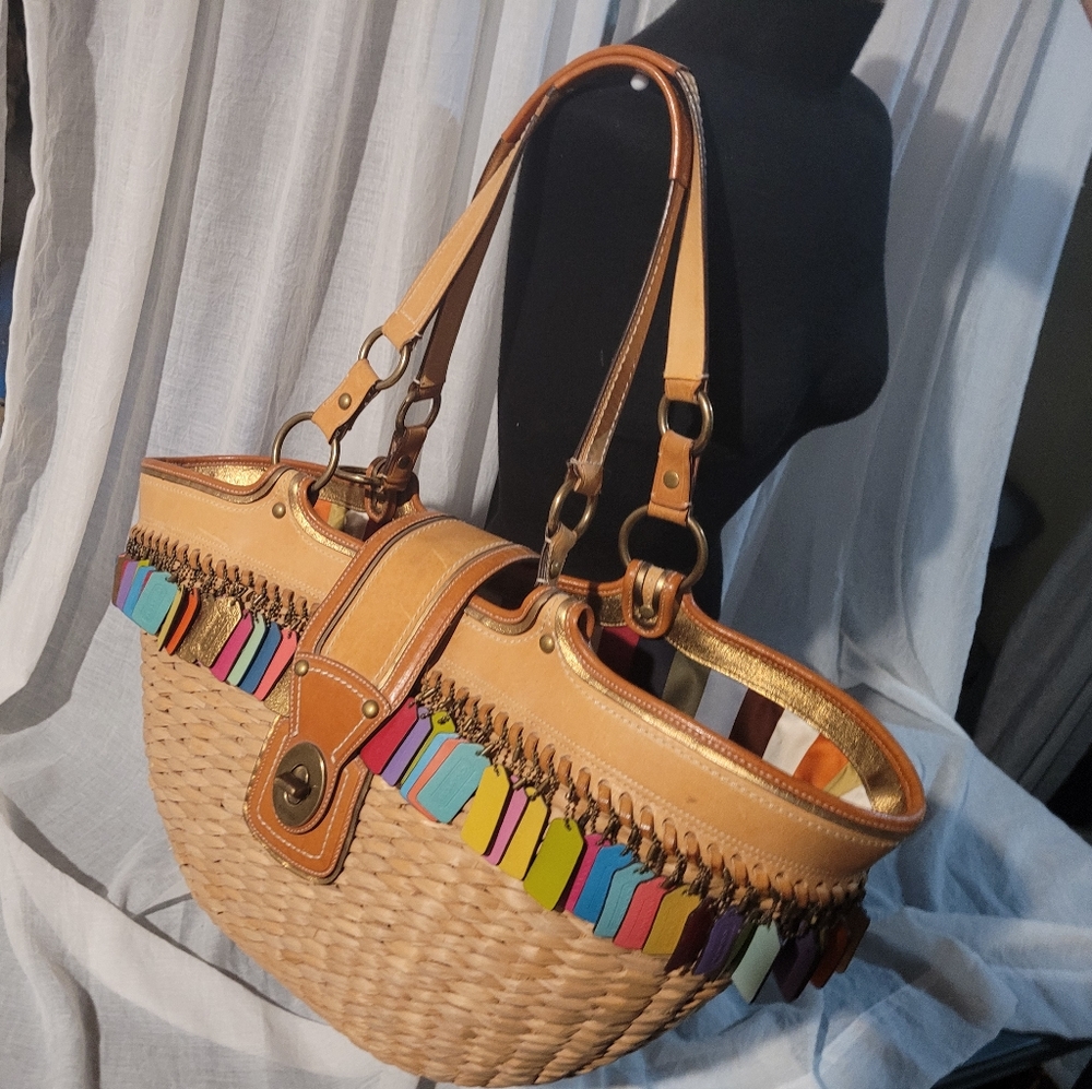 Coach Rare 65th Anniversary Legacy Multi tag Lily Straw Tote Pre-Loved